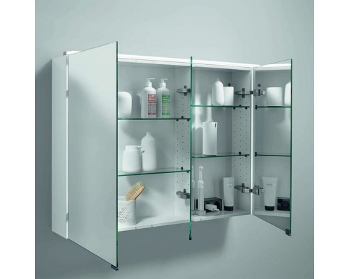 BURGBAD Eqio Зеркальный шкаф с LED подсветкой 5Вт IP24, 120х80х17см, 3 зерк. двери с обоих сторон, версия левая L, стекл полки, вкл/выкл, цвет: белый F2009. SPGT120RF2009