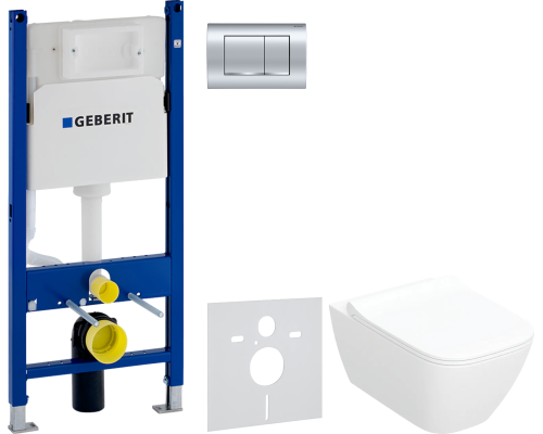 Комплект Унитаз подвесной Geberit Smyle Square 500.685.01.1 с микролифтом + Инсталляция Duofix Delta 458.163.21.1 с кнопкой смыва, хром + Шумоизоляция 156.050.00.1