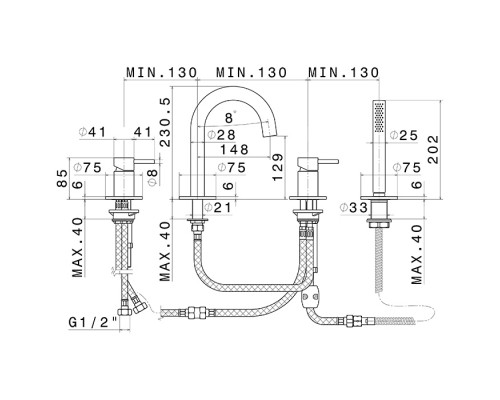 Newform X-Steel 316 Смеситель на борт ванны, 4 отв., с изливом и ручным душем, цвет: PVD brushed copper bronze. 69682XC.59.067