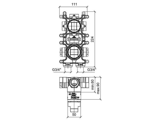 Almar Modular Встраиваемая часть термостатического смесителя с переключателем на 3 положения, вертикальный модуль. E176907 Almar Modular Встраиваемая часть термостатического смесителя с переключателем на 3 положения, вертикальный модуль. E176907