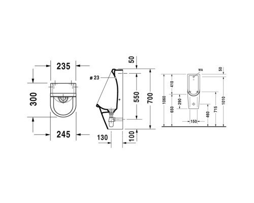 Duravit Starck 3 Писсуар подвесной 30х24.5см., безободковый, без мушки, подвод воды сзади, с креплением, цвет: белый. 0827250000