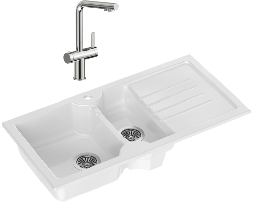 Комплект Мойка кухонная Domaci Сиена 54100-101 белый глянец + Смеситель STWORKI 23020-648/1BG-IG11