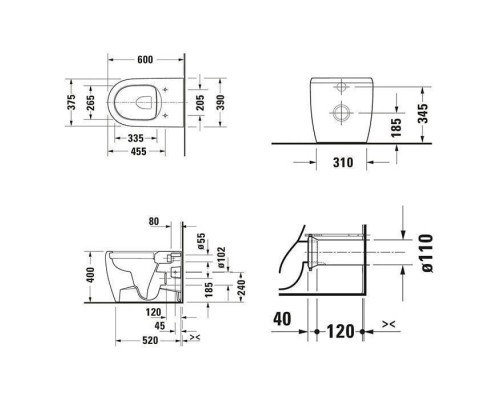 Duravit Qatego Унитаз 39х60см., напольный, безободковый, HygieneGlaze , цвет: белый. 2020092000