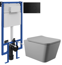 Комплект Унитаз подвесной Aqueduto Macio MAC0130 безободковый, с микролифтом, серый матовый + Инсталляция STWORKI + Кнопка Хельсинки 500471 черная матовая
