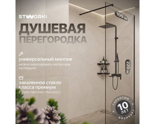 Душевая перегородка STWORKI Берген 100 см, профиль черный матовый, прозрачное стекло