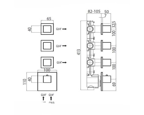 Bossini Cube Термостат для душа, встраиваемый, с девиаторм/запорным вентилем на 3 - 6 выходов, уст-ка верт/гор., цвет: хром. Z030202000,  Z032205.030