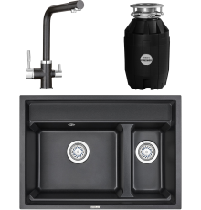 Комплект Мойка кухонная Granula Kitchen Space 7302, черный + Смеситель 2015, черный + Измельчитель Bone Crusher BC 810-AS
