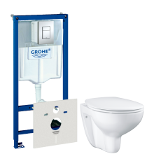Комплект Унитаз подвесной Grohe Bau Ceramic 39351000 безободковый, альпин-белый + Инсталляция Rapid SL 38775001 4 в 1 с кнопкой смыва