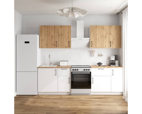 Кухонный гарнитур Domaci Болонья 260 см, фасад белый, дуб вотан, ручка черная, столешница дуб вотан KUH-709670