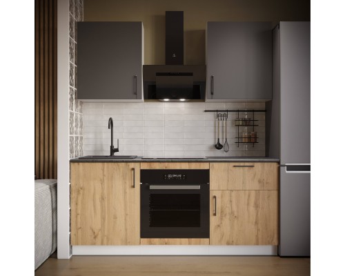 Кухонный гарнитур Domaci Болонья 180 см, фасад дуб вотан, графит, ручка черная, столешница луна KUH-767498