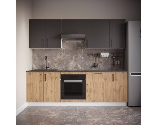 Кухонный гарнитур Domaci Болонья 240 см, фасад дуб вотан, графит, ручка черная, столешница луна KUH-1000018