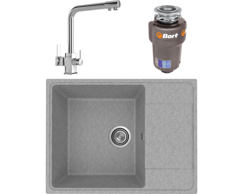 Комплект Мойка кухонная Practik PR-M 650-003 светло-серая + Смеситель MEGA Life MG-TK06 хром + Измельчитель Bort Titan Max Power FullControl