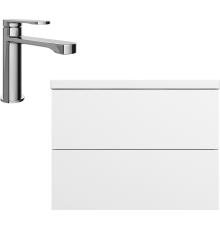 Тумба с раковиной AM.PM Gem 75 с 2 ящиками, подвесная, смеситель STWORKI Ноттвиль S34010CR, белый глянец
