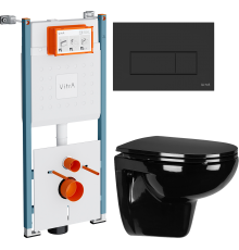 Комплект Унитаз подвесной Wanfald Lauta 47374100005 черный + Инсталляция VitrA V-Fix Core 732-5800-01PV + Кнопка Root Square 740-2311 черная матовая