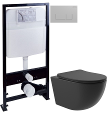 Комплект Унитаз подвесной Aqueduto Ovo OVO0140 безободковый, с микролифтом, черный матовый + Инсталляция EWRIKA ProLT 0026-2020 + Кнопка 0040 хром матовый