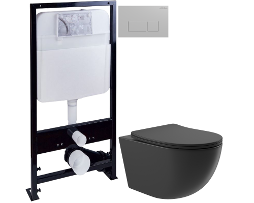 Комплект Унитаз подвесной Aqueduto Ovo OVO0140 безободковый, с микролифтом, черный матовый + Инсталляция EWRIKA ProLT 0026-2020 + Кнопка 0040 хром матовый