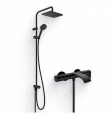 Душевой комплект Смеситель Hansgrohe Vivenis 75420670 матовый черный + Стойка Vernis Shape 26289670 Showerpipe 230 1jet Reno EcoSmart, черный