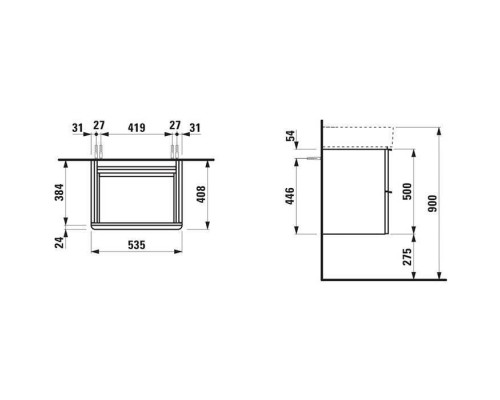 Laufen Space Тумба с раковиной 53.5х38.5(41)х52см., 2 ящика, подвесная, цвет: темный вяз. 8.1028.2.000.104.1,  4.1012.2.160.103.1