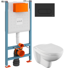 Комплект Унитаз подвесной Norm Fit 6855B099-1777 + Крышка VitrA Norm 84-003-749 с микролифтом + Инсталляция V-Fix Core 732-5800-01 с кнопкой смыва Root R 740-2211 черной матовой