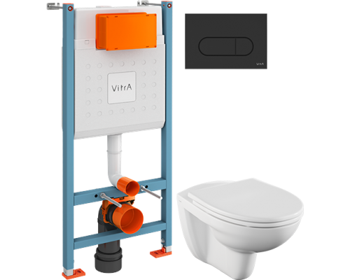 Комплект Унитаз подвесной Norm Fit 6855B099-1777 + Крышка VitrA Norm 84-003-749 с микролифтом + Инсталляция V-Fix Core 732-5800-01 с кнопкой смыва Root R 740-2211 черной матовой