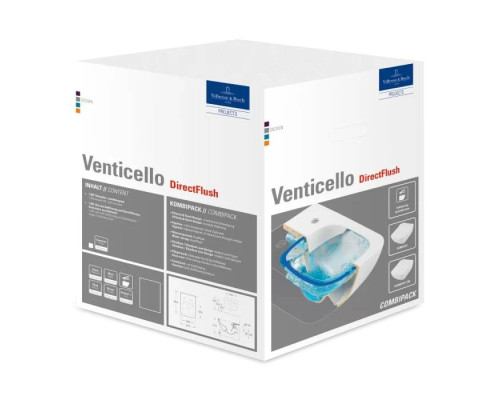 VilleroyBoch Venticello Унитаз 37.5х56х33см., подвесной, безободковый, в комплекте сиденье SlimSeat c микролифтом, CeramicPlus, цвет: альпийский белый. 4611RSR1