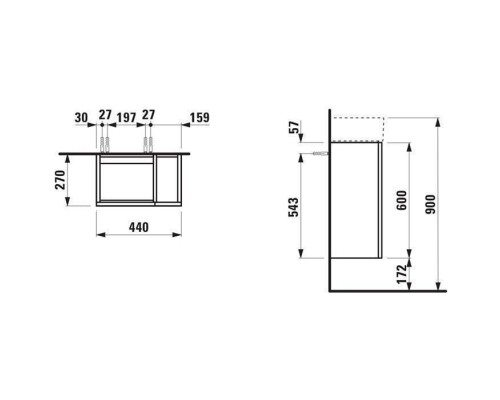 Laufen Kartell Тумба c раковиной 44х27х60см., петли слева, полка открытая справа, цвет: белый матовый. 8.1533.5.000.111.1, 4.0751.7.033.640.1 Laufen Kartell Тумба c раковиной 44х27х60см., петли слева, полка открытая справа, цвет: белый матовый. 8.1533.5.000.111.1, 4.0751.7.033.640.1