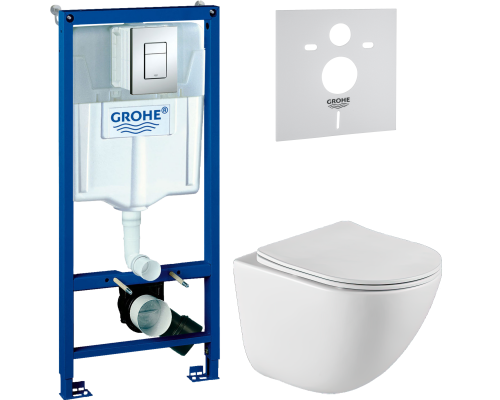 Комплект Унитаз подвесной BelBagno Amanda BB051CHR безободковый + Крышка BB051SC с микролифтом + Инсталляция Grohe Rapid SL 38772001 3 в 1 с кнопкой смыва + Шумоизоляция 37131000