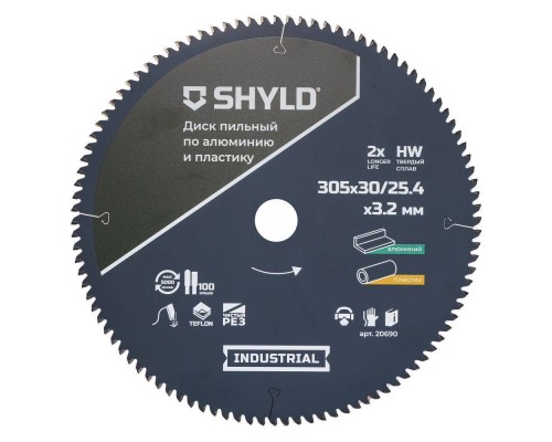 Диск пильный по алюминию и пластику SHYLD твердосплавный 305х30/25,4 мм, 100 зубьев(20690) Диск пильный по алюминию и пластику SHYLD твердосплавный 305х30/25,4 мм, 100 зубьев(20690)