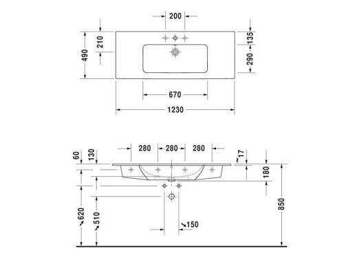 Duravit ME by Starck Раковина подвесная 123x49см., без отв., цвет: белый. 2336120060