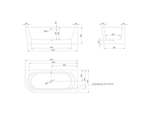 KNIEF Wall Corner L Ванна пристенная с монтажом в правый угол 180х80х60см, с щелевым переливом, со  слив-переливом, цвет: белый. 0100-091-06,  0100-277-L