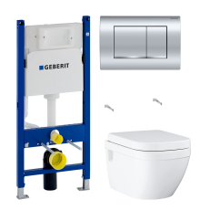 Комплект Унитаз подвесной Grohe Euro Ceramic 39703000 безободковый + Инсталляция Geberit Duofix Delta 458.163.21.1 с кнопкой смыва, хром