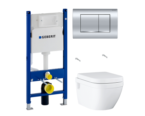 Комплект Унитаз подвесной Grohe Euro Ceramic 39703000 безободковый + Инсталляция Geberit Duofix Delta 458.163.21.1 с кнопкой смыва, хром