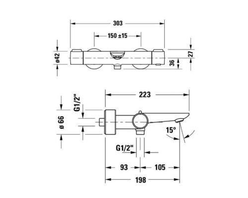 Duravit Wave Смеситель для ванны, настенный, термостатический, цвет: хром. WA5220000010 / WA5220000C10