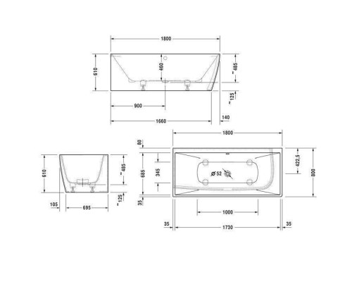 Duravit Vitrium Ванна встраиваемая 180x80см, Sx, с ножками, с2 наклонами для спины, прямоугольная, цвет: темно-серый матовый. 700427HE