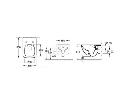 VilleroyBoch Venticello Унитаз 37.5х56х33см., подвесной, безободковый, в комплекте сиденье SlimSeat c микролифтом, CeramicPlus, цвет: альпийский белый. 4611RSR1