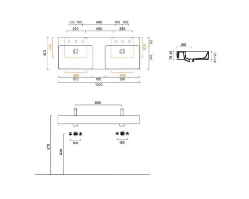 Catalano Premium Раковина двойная 120х47см, подвесная, без отв., цвет: белый глянцевый. 0221220001