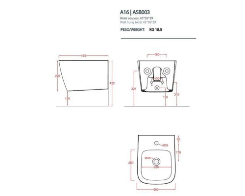 Artceram A16 MINI  Биде подвесное  36х45 см, с 1 отв под смеситель, с креплениями, цвет: белый. ASB003 01 00