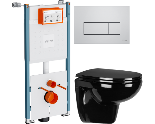 Комплект Унитаз подвесной Wanfald Lauta 47374100005 черный + Инсталляция VitrA V-Fix Core 732-5800-01PV + Кнопка Root Square 740-2380 хром