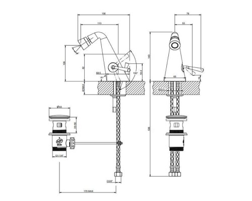 Gessi Cono Смеситель для биде с донным клапаном на 1 1/4rdquo;, соединительные шланги на 3/8, цвет: finox. 45007#149