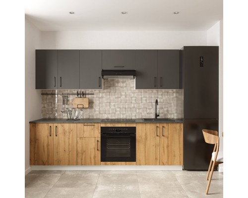 Кухонный гарнитур Domaci Болонья 260 см, фасад дуб вотан, графит, ручка черная, столешница луна KUH-1008806