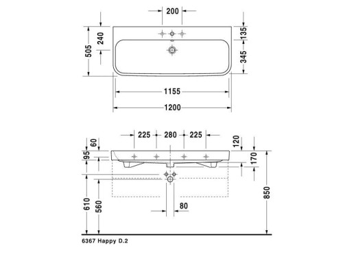 Duravit Happy D.2 Раковина 120х50.5 см, без отв., с переливом, цвет: белый. 2318120060
