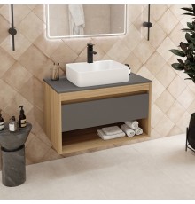 Тумба с раковиной Teymi Ritta 85, дуб эврика, матовый графит, раковина Helmi S 48
