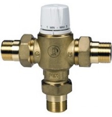 Смеситель термостатический 1 с защитой от ожога, оснащен отводами с накидными гайками для установки в истемах ГВС, нехромированный