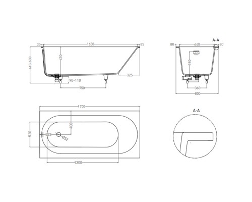 Salini Ornella Kit Ванна 170х80х60см., встраиваемая, S-Sense, донный клапан, сифон, щелевой слив-перелив, цвет: белый глянцевый. 102414G
