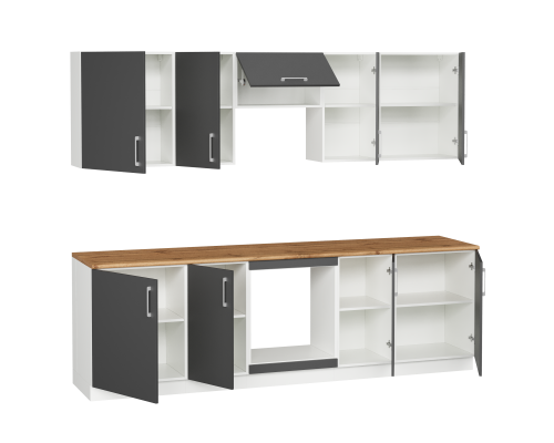 Кухонный гарнитур Domaci Болонья 260 см, фасад графит, ручка хром, столешница дуб вотан KUH-1008833