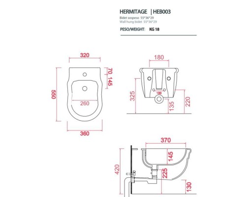 Artceram HERMITAGE Биде подвесное 36х55см с 1 отв под смеситель, с крепежом в комплекте, цвет: белый. HEB003 01 00