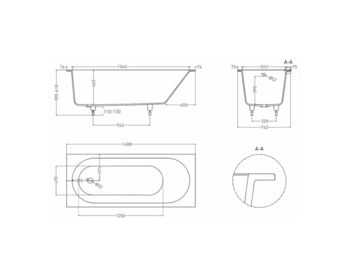 LOFO by Salini Ванна встраиваемая 170х75см, овальная чаша, материал: Solid Surface, цвет: белый матовый. UM12222