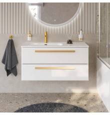 Тумба с раковиной Cezares Eco Cer-N 100 L, bianco lucido, раковина Duet 100 L, ручки сатиновое золото