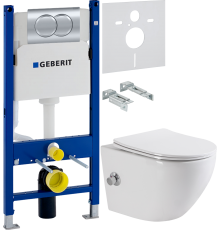 Комплект Унитаз подвесной BelBagno Uno BB3105CHR-BS/SC с микролифтом, со смесителем и функцией биде + Инсталляция Geberit Duofix Delta 458.149.21.1 с кнопкой смыва, хром + Шумоизоляция