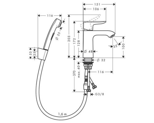 Hansgrohe Metris Смеситель для раковины, на 1 отв., с гигиеническим душем (комплект: шланг: 160см, кронштейн, лейка), цвет: хром. 31285000 Hansgrohe Metris Смеситель для раковины, на 1 отв., с гигиеническим душем (комплект: шланг: 160см, кронштейн, лейка), цвет: хром. 31285000